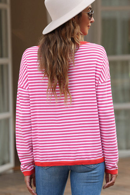 Pink Striped Drop Shoulder Sweater with Contrast Trim