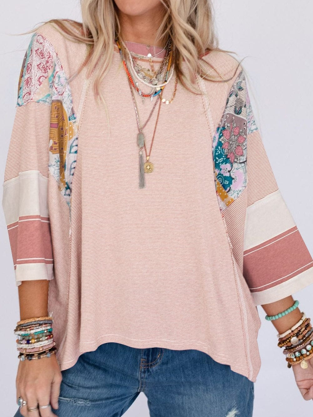 Pink Striped Floral Patchwork Long Sleeve Top