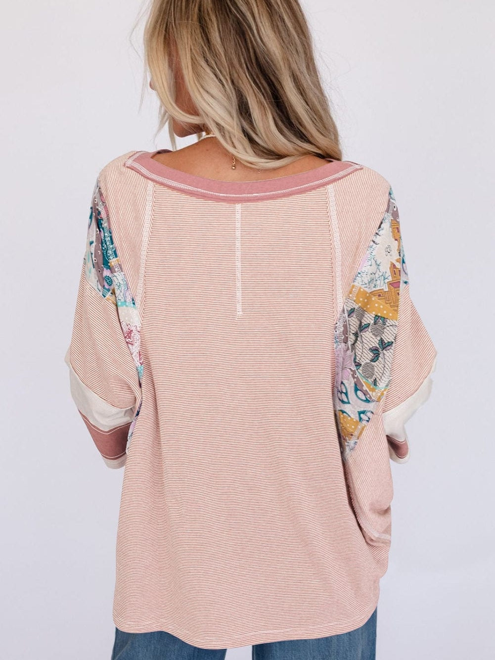 Pink Striped Floral Patchwork Long Sleeve Top