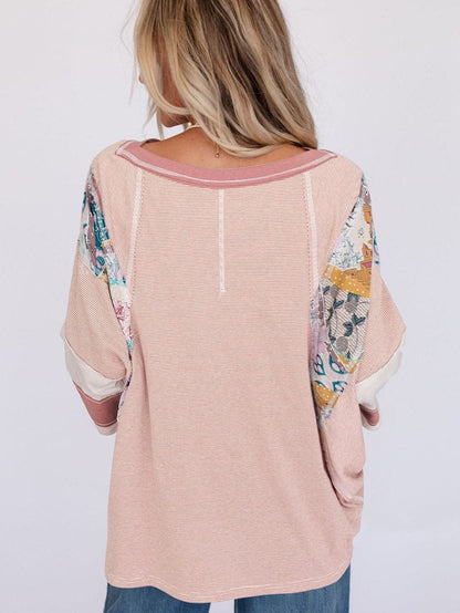 Pink Striped Floral Patchwork Long Sleeve Top