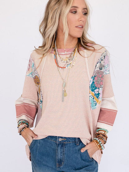 Pink Striped Floral Patchwork Long Sleeve Top
