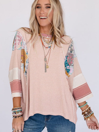 Pink Striped Floral Patchwork Long Sleeve Top