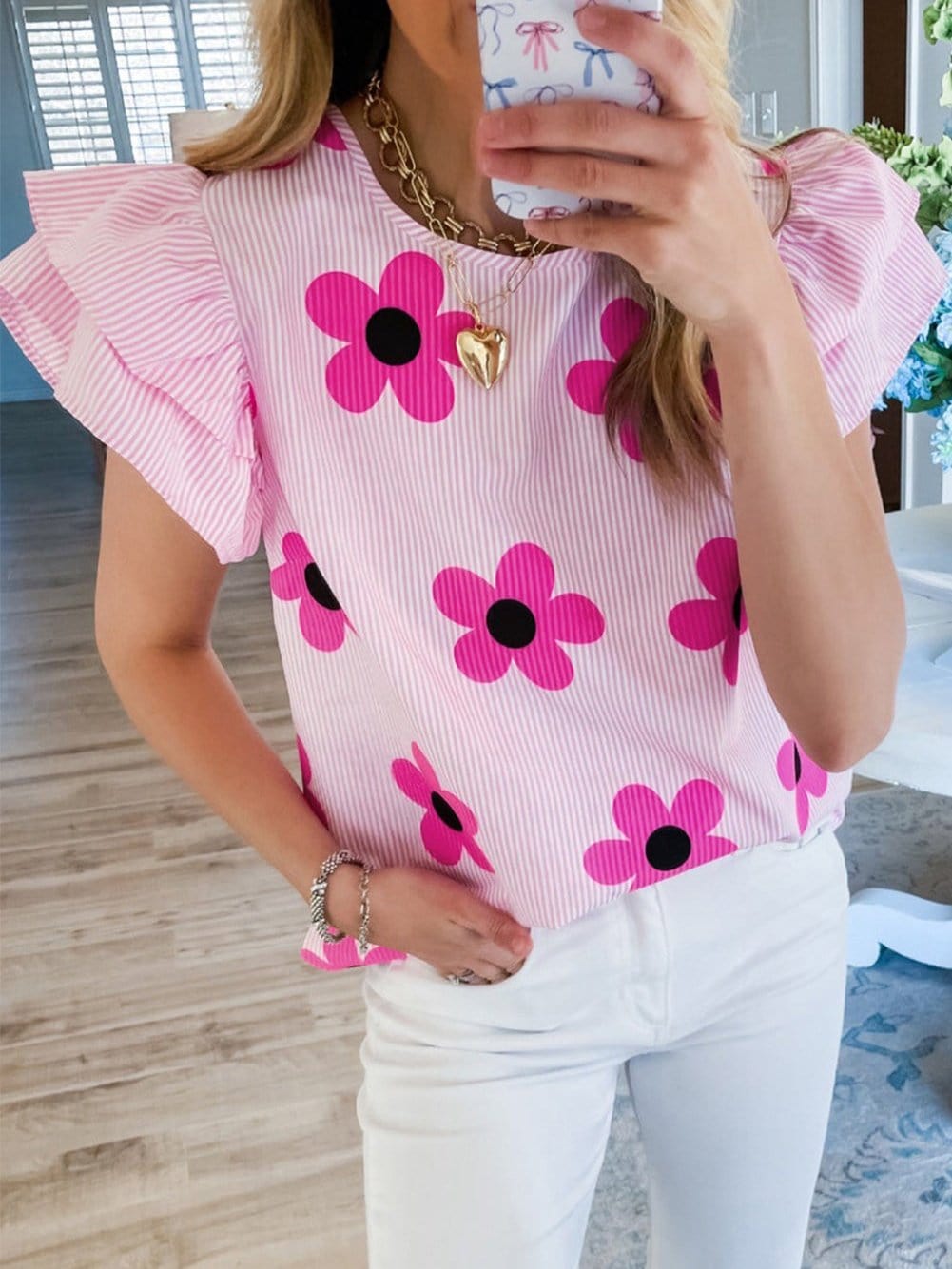 Pink Striped Floral Print Flutter Sleeve Blouse