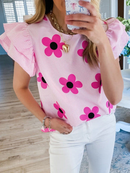 Pink Striped Floral Print Flutter Sleeve Blouse