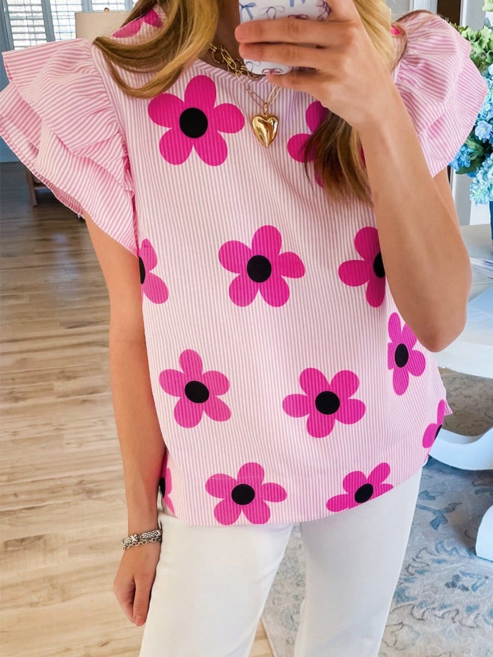 Pink Striped Floral Print Flutter Sleeve Blouse