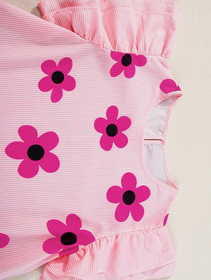 Pink Striped Floral Print Flutter Sleeve Blouse