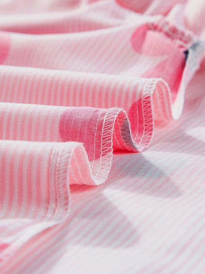 Pink Striped Floral Print Flutter Sleeve Blouse