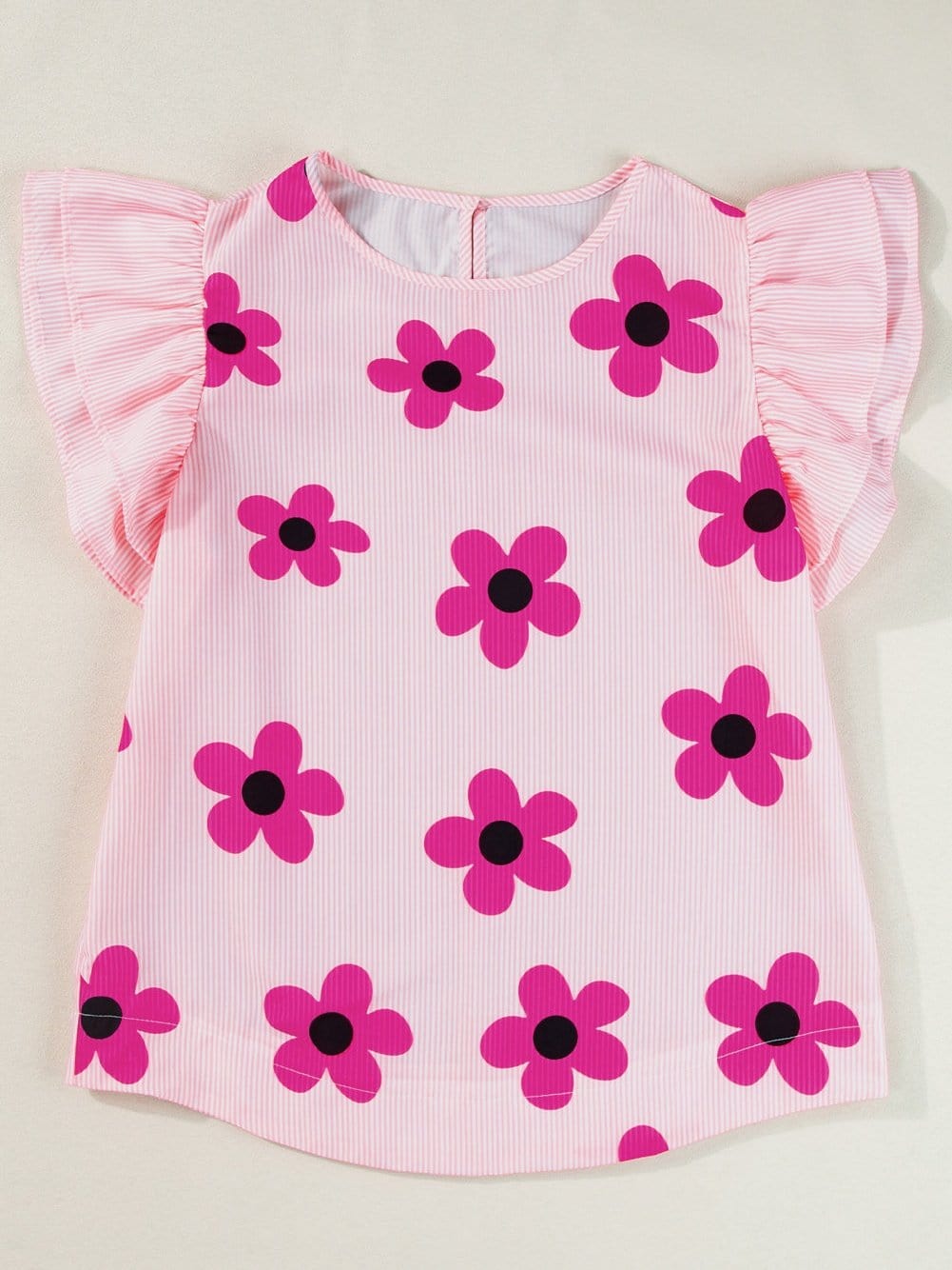 Pink Striped Floral Print Flutter Sleeve Blouse