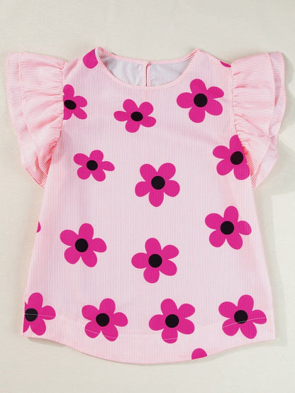 Pink Striped Floral Print Flutter Sleeve Blouse