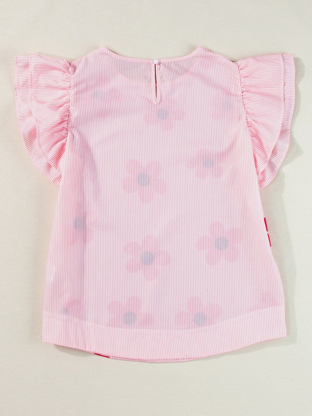 Pink Striped Floral Print Flutter Sleeve Blouse