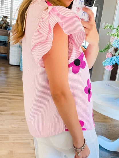 Pink Striped Floral Print Flutter Sleeve Blouse