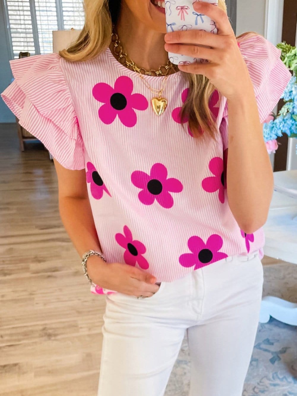Pink Striped Floral Print Flutter Sleeve Blouse