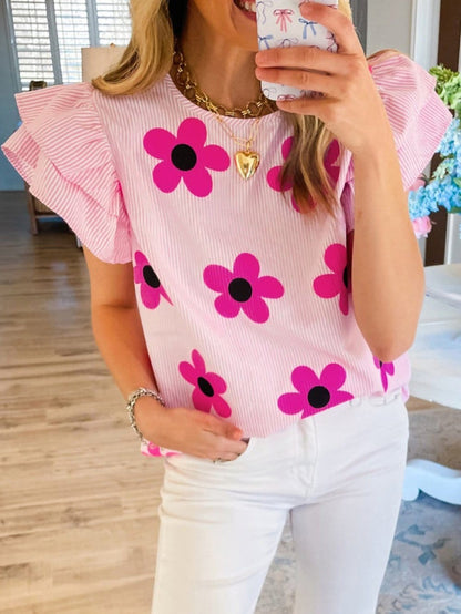 Pink Striped Floral Print Flutter Sleeve Blouse