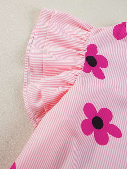 Pink Striped Floral Print Flutter Sleeve Blouse