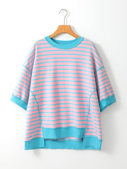 Pink Striped High Low T-Shirt with Exposed Seams and Contrast Trim
