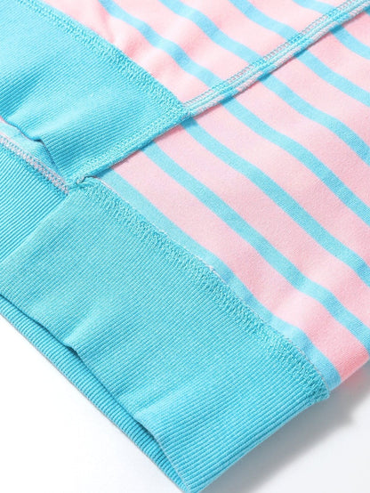 Pink Striped High Low T-Shirt with Exposed Seams and Contrast Trim