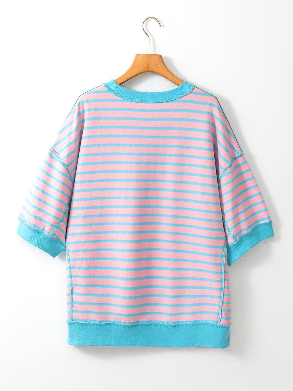 Pink Striped High Low T-Shirt with Exposed Seams and Contrast Trim
