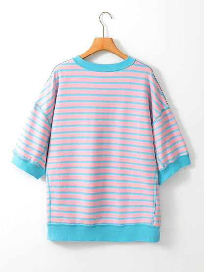 Pink Striped High Low T-Shirt with Exposed Seams and Contrast Trim