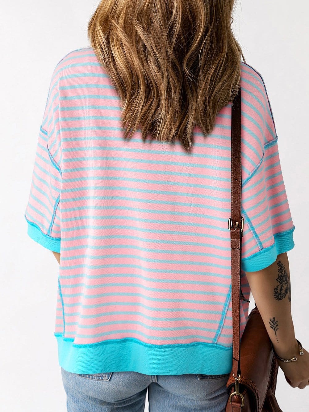 Pink Striped High Low T-Shirt with Exposed Seams and Contrast Trim