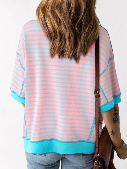 Pink Striped High Low T-Shirt with Exposed Seams and Contrast Trim