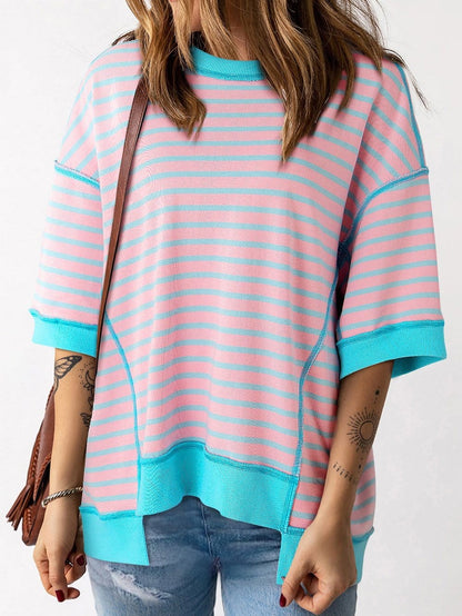 Pink Striped High Low T-Shirt with Exposed Seams and Contrast Trim