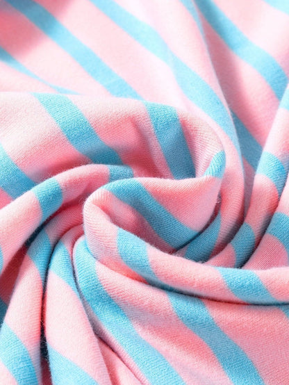 Pink Striped High Low T-Shirt with Exposed Seams and Contrast Trim