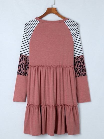 Pink Striped Leopard Patchwork Knee-Length Shift Dress