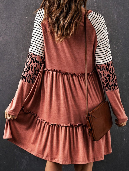 Pink Striped Leopard Patchwork Knee-Length Shift Dress