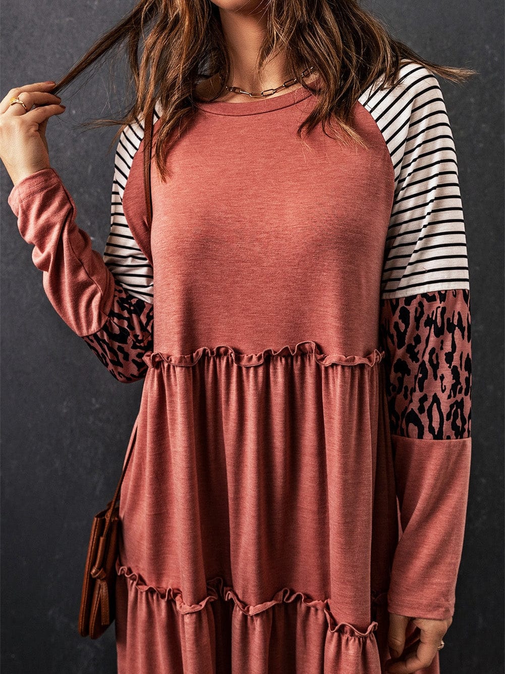 Pink Striped Leopard Patchwork Knee-Length Shift Dress