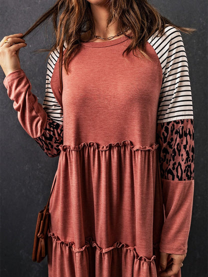 Pink Striped Leopard Patchwork Knee-Length Shift Dress