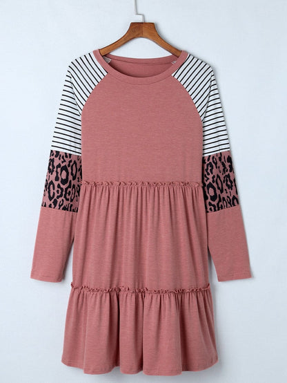 Pink Striped Leopard Patchwork Knee-Length Shift Dress