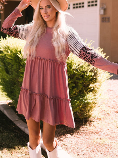 Pink Striped Leopard Patchwork Knee-Length Shift Dress