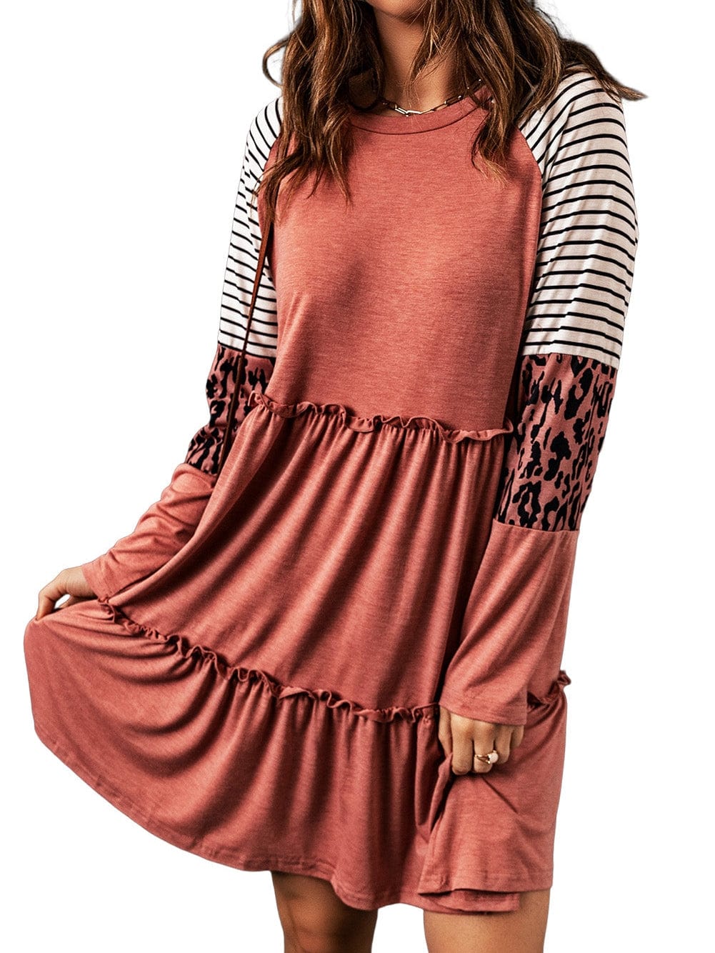 Pink Striped Leopard Patchwork Knee-Length Shift Dress