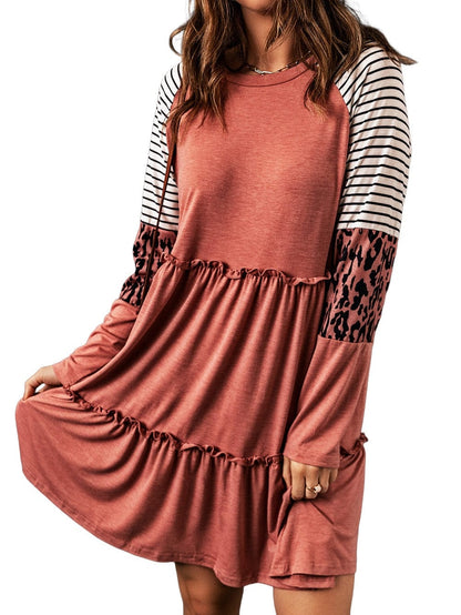 Pink Striped Leopard Patchwork Knee-Length Shift Dress