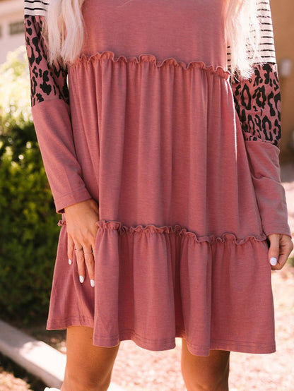 Pink Striped Leopard Patchwork Knee-Length Shift Dress