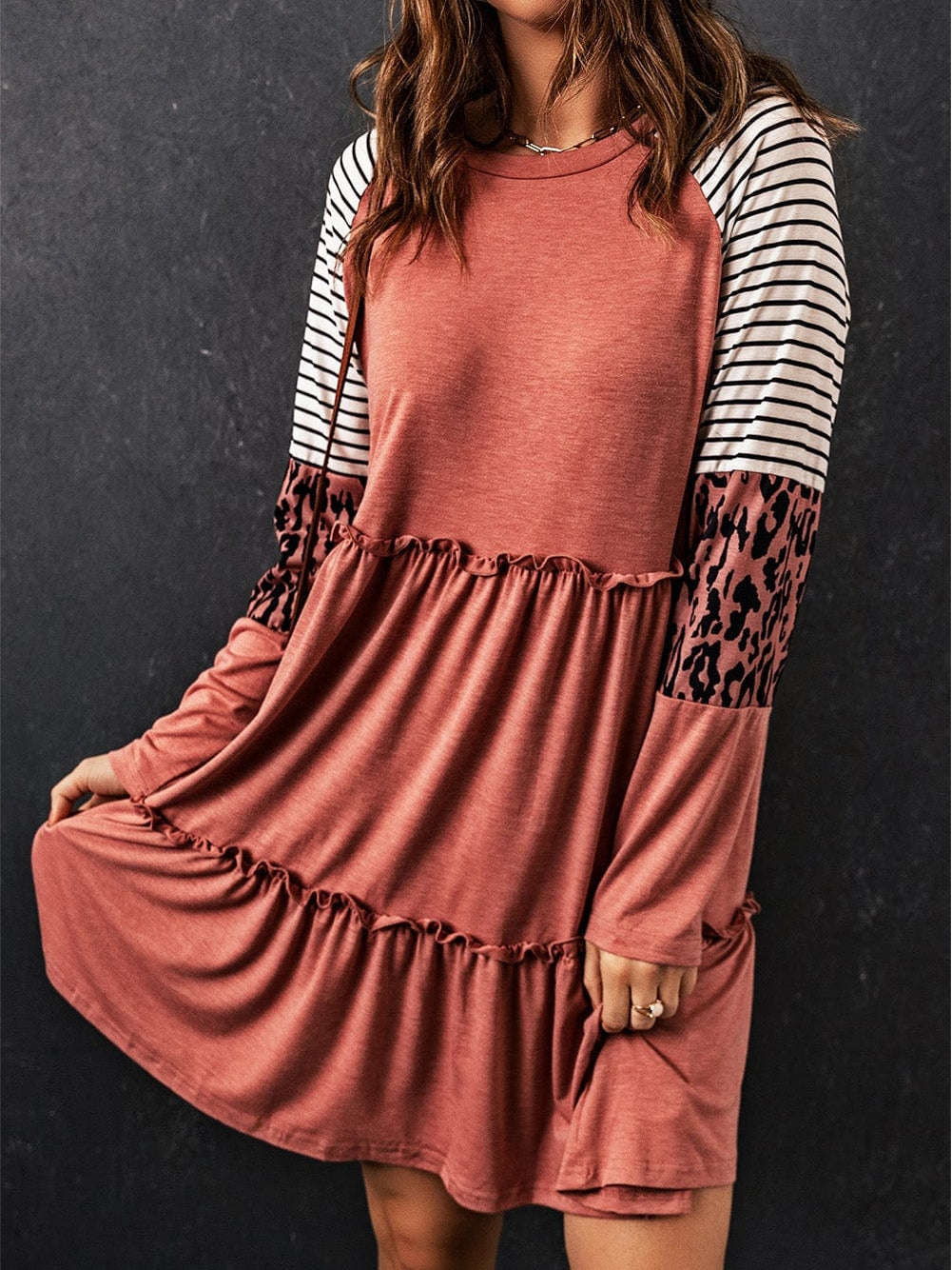 Pink Striped Leopard Patchwork Knee-Length Shift Dress