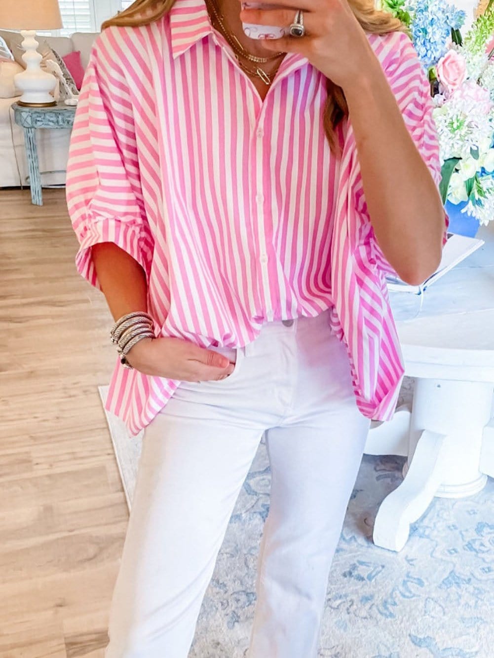 Pink Striped Oversized Dolman Sleeve Shirt with Casual Style