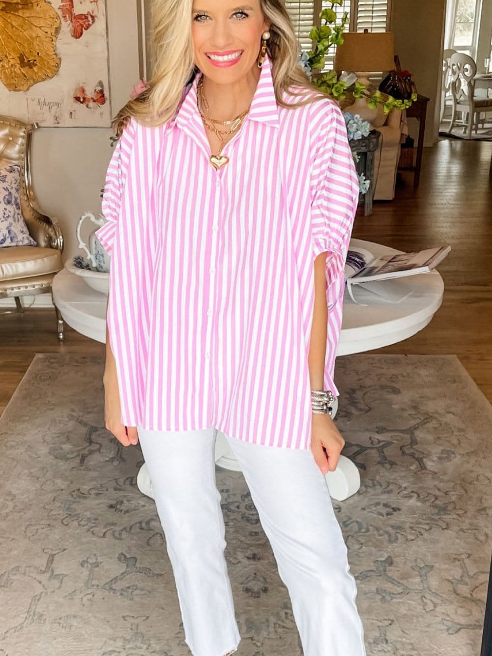 Pink Striped Oversized Dolman Sleeve Shirt with Casual Style