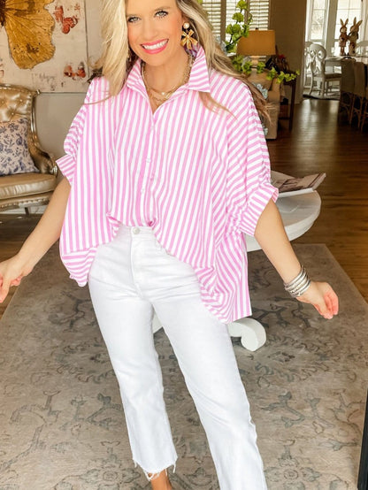 Pink Striped Oversized Dolman Sleeve Shirt with Casual Style
