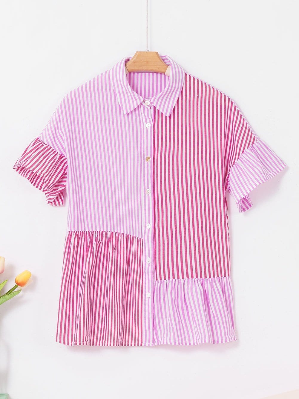 Pink Striped Patchwork Ruffle Hem Button-down Blouse