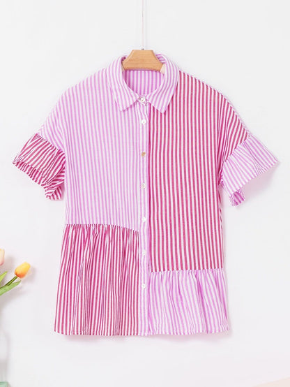 Pink Striped Patchwork Ruffle Hem Button-down Blouse