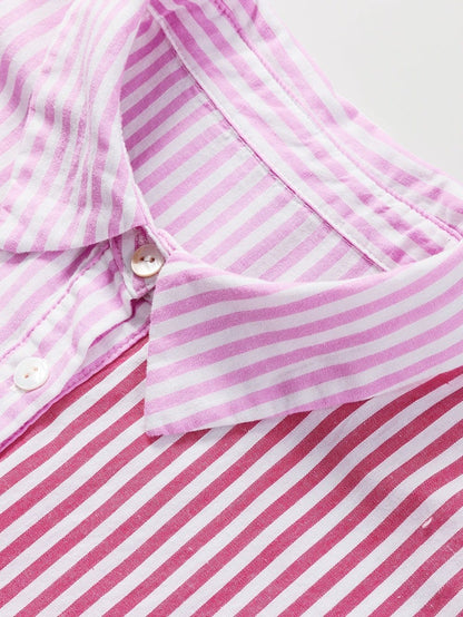 Pink Striped Patchwork Ruffle Hem Button-down Blouse