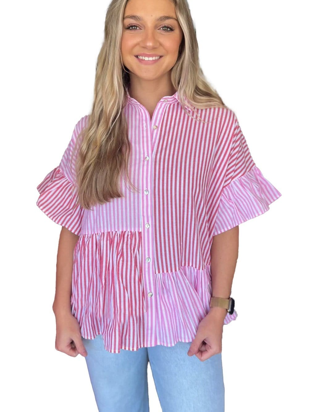 Pink Striped Patchwork Ruffle Hem Button-down Blouse