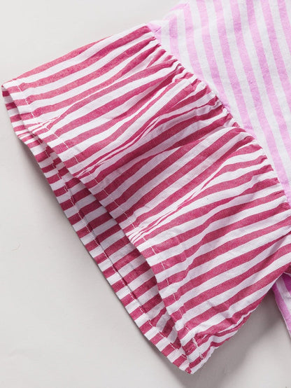Pink Striped Patchwork Ruffle Hem Button-down Blouse