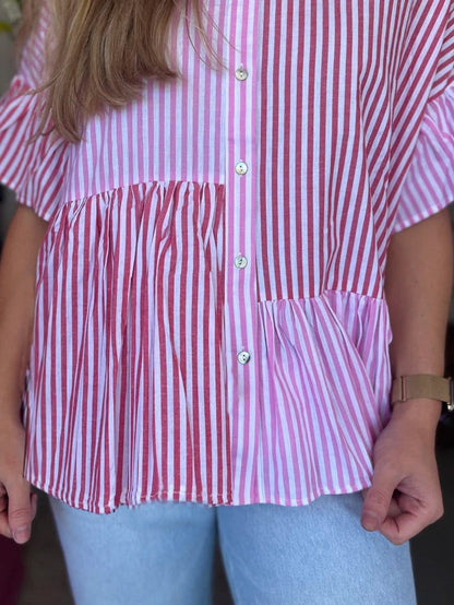 Pink Striped Patchwork Ruffle Hem Button-down Blouse