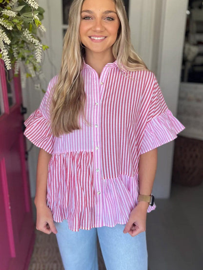 Pink Striped Patchwork Ruffle Hem Button-down Blouse