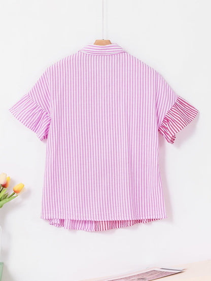 Pink Striped Patchwork Ruffle Hem Button-down Blouse