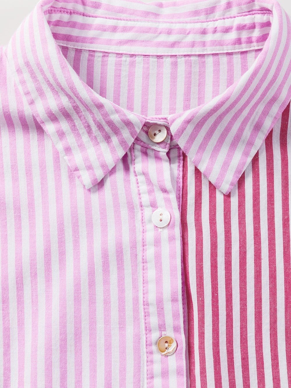 Pink Striped Patchwork Ruffle Hem Button-down Blouse