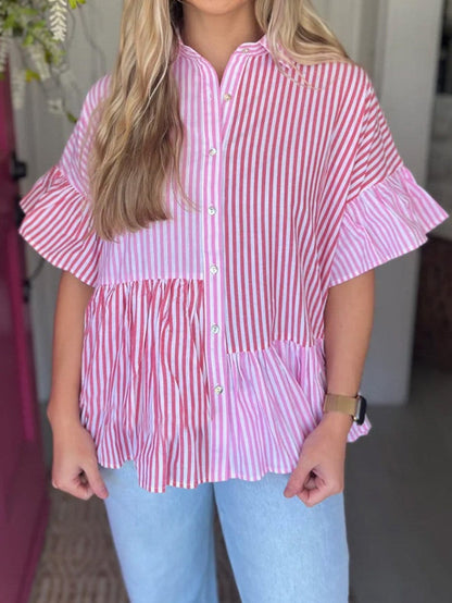 Pink Striped Patchwork Ruffle Hem Button-down Blouse