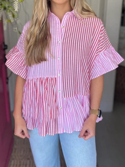 Pink Striped Patchwork Ruffle Hem Button-down Blouse